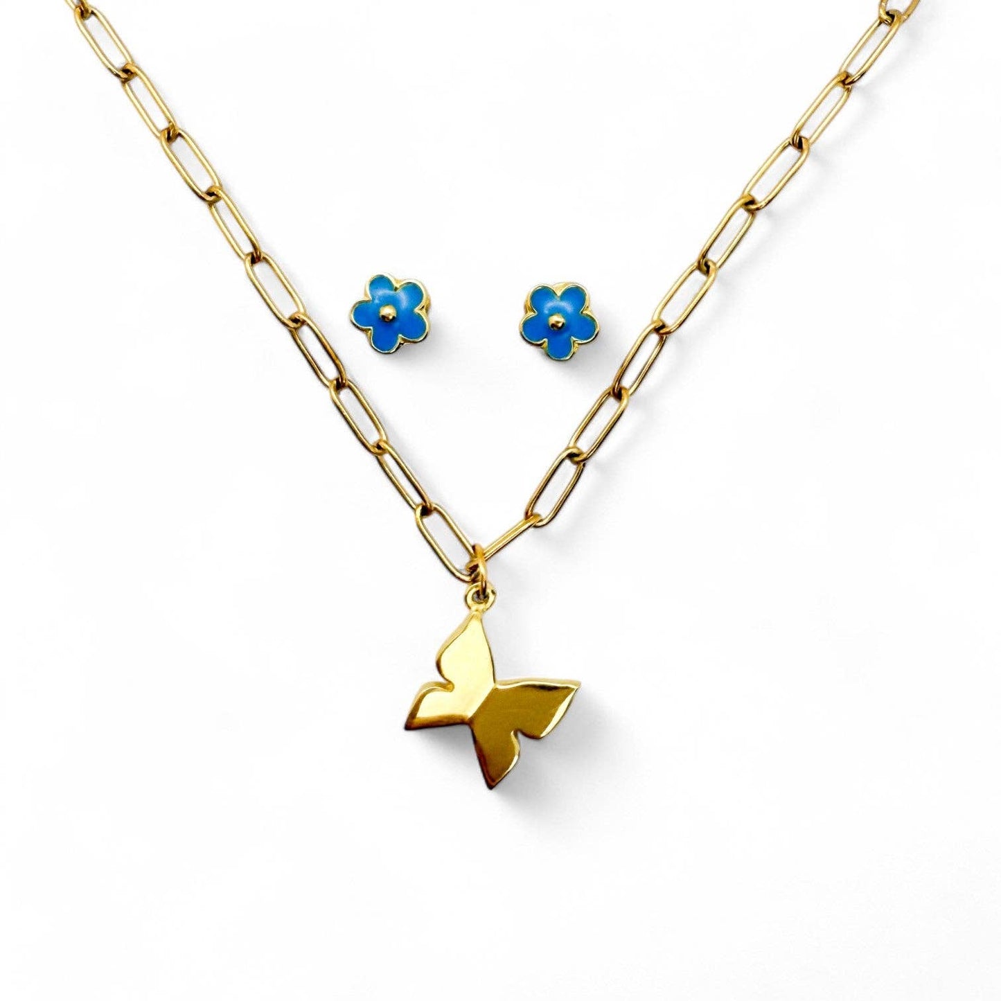 BUTTERFLY & BLUE FLOWERS | Kids Necklace & Earrings Set - Recetas Fair Trade
