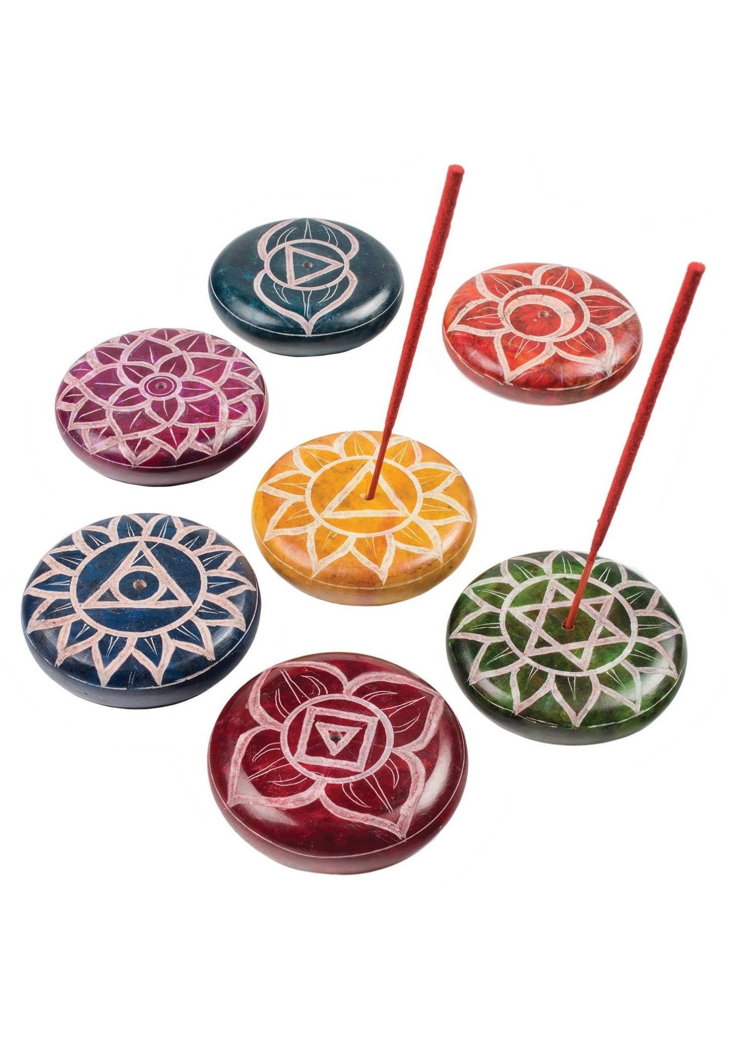 Chakra Carved Round Soapstone Incense Holder Pebble - Recetas Fair Trade