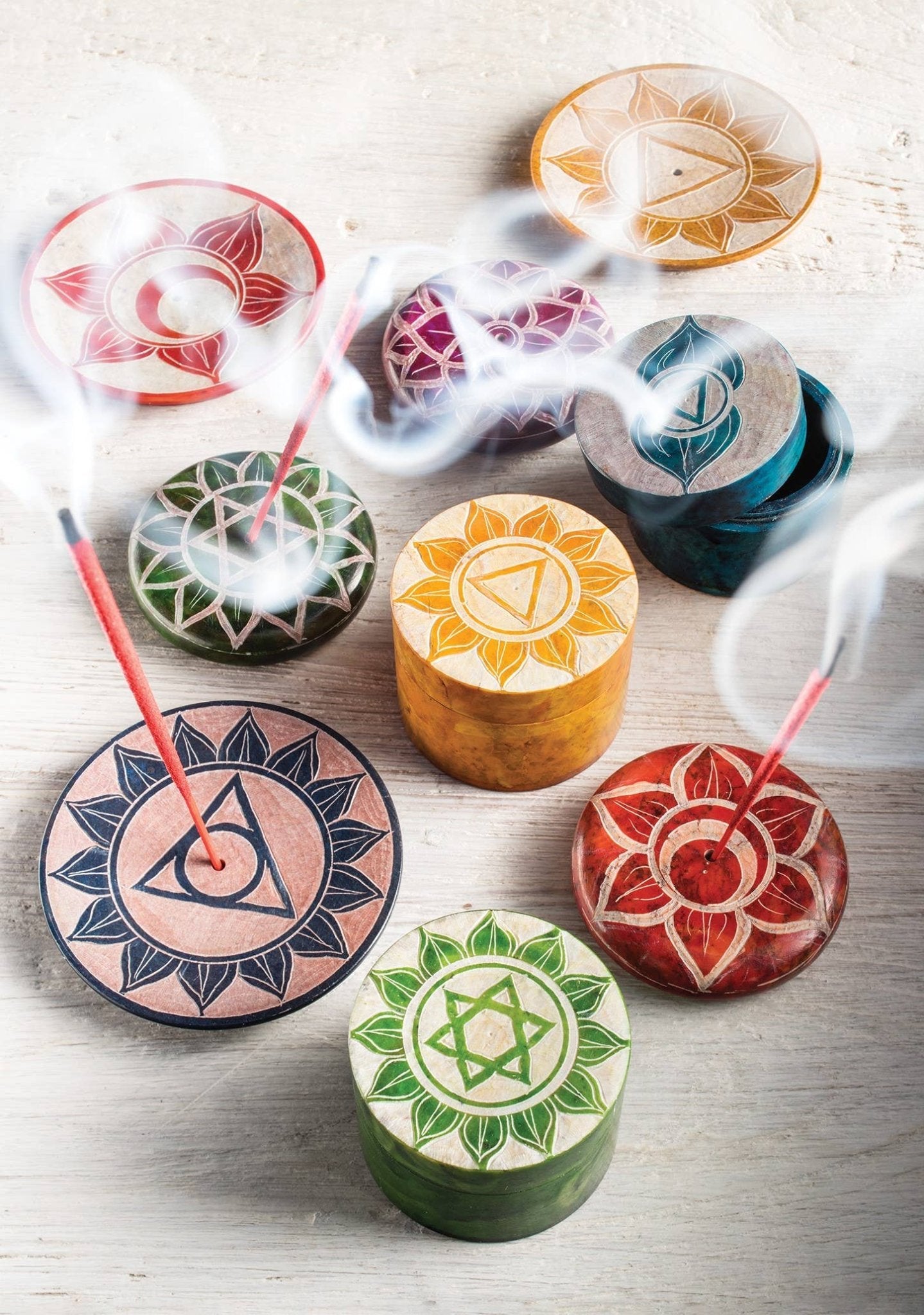 Chakra Carved Round Soapstone Incense Holder Pebble - Recetas Fair Trade