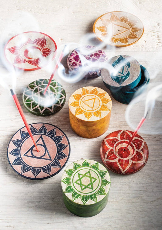 Chakra Carved Round Soapstone Incense Holder Pebble - Recetas Fair Trade