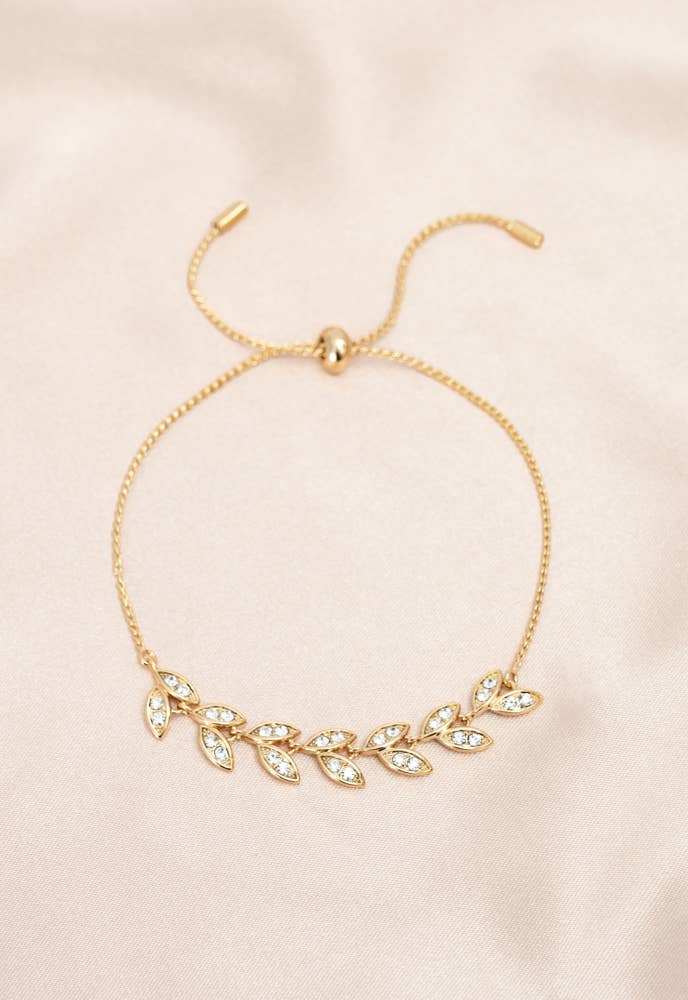 Crystal Vine Zircon and Gold Bracelet - 14K Gold Plated Leaf Bracelet Adjustable - Recetas Fair Trade