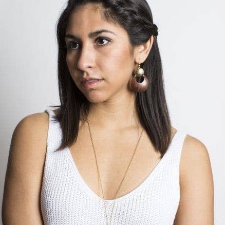 Earth and Fire Moon Drop Earrings - Wood, Etched Brass - Recetas Fair Trade