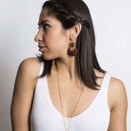 Earth and Fire Moon Drop Earrings - Wood, Etched Brass - Recetas Fair Trade