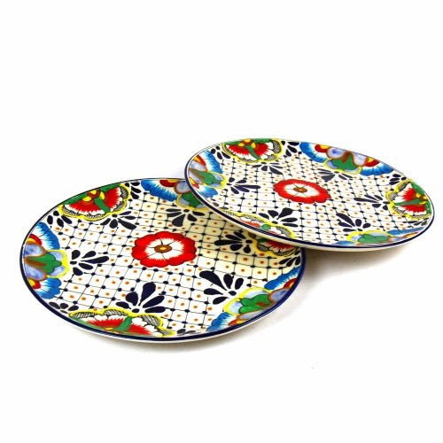 Encantada - Dinner Plates 11.8in - Dots and Flowers, Set of Two - Recetas Fair Trade