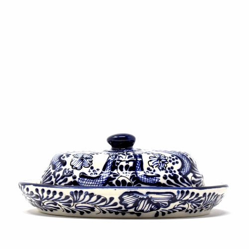 Encantada Handmade Pottery Butter Dish, Blue Flower - Recetas Fair Trade