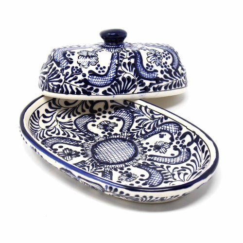 Encantada Handmade Pottery Butter Dish, Blue Flower - Recetas Fair Trade
