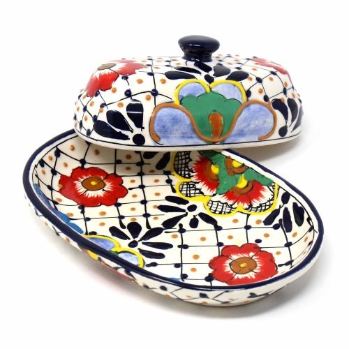 Encantada - Handmade Pottery Butter Dish, Dots & Flowers - Recetas Fair Trade
