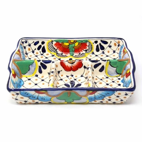 Handmade Pottery 9" Divided Platter, Dots & Flowers - Encantada