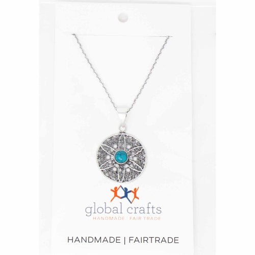 Jali Floral Turquoise Pendant Brass Necklace - Recetas Fair Trade