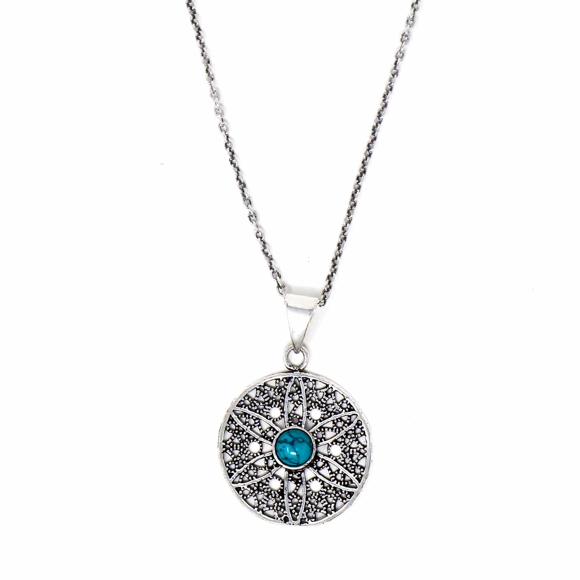 Jali Floral Turquoise Pendant Brass Necklace - Recetas Fair Trade