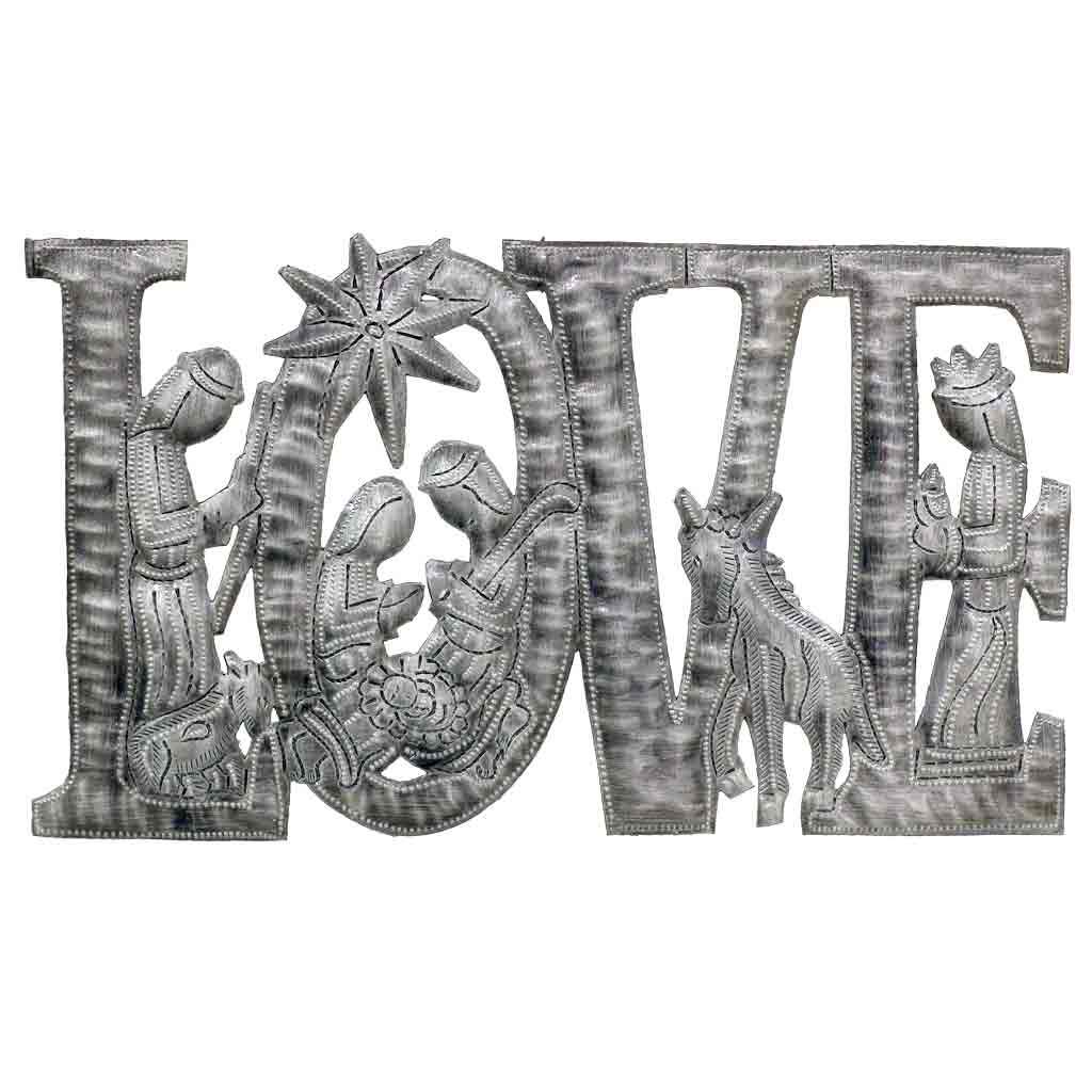 LOVE Metal Art with Nativity Scene (9" x 14") - Croix des Bouquets (H) - Recetas Fair Trade