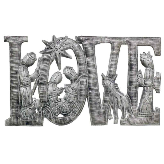 LOVE Metal Art with Nativity Scene (9" x 14") - Croix des Bouquets (H) - Recetas Fair Trade