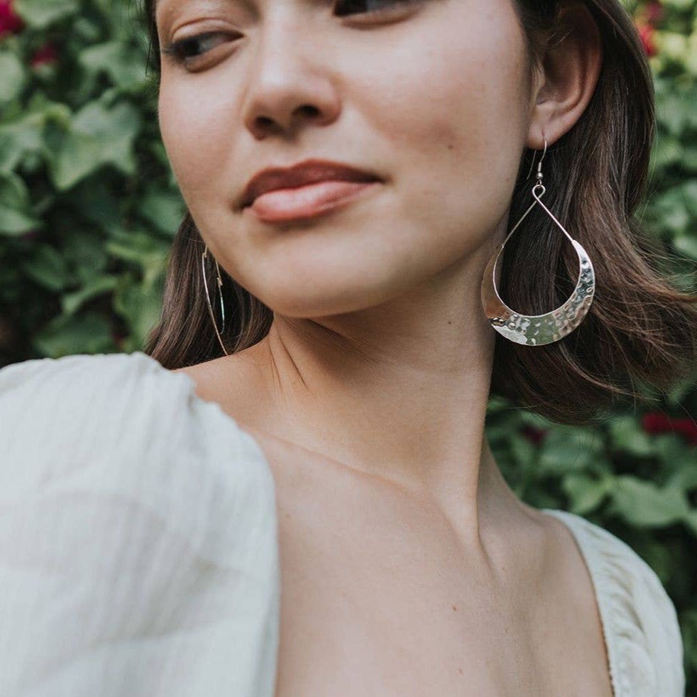 Lunar Crescent Hammered Shiny Silver Hoop Earrings - Recetas Fair Trade