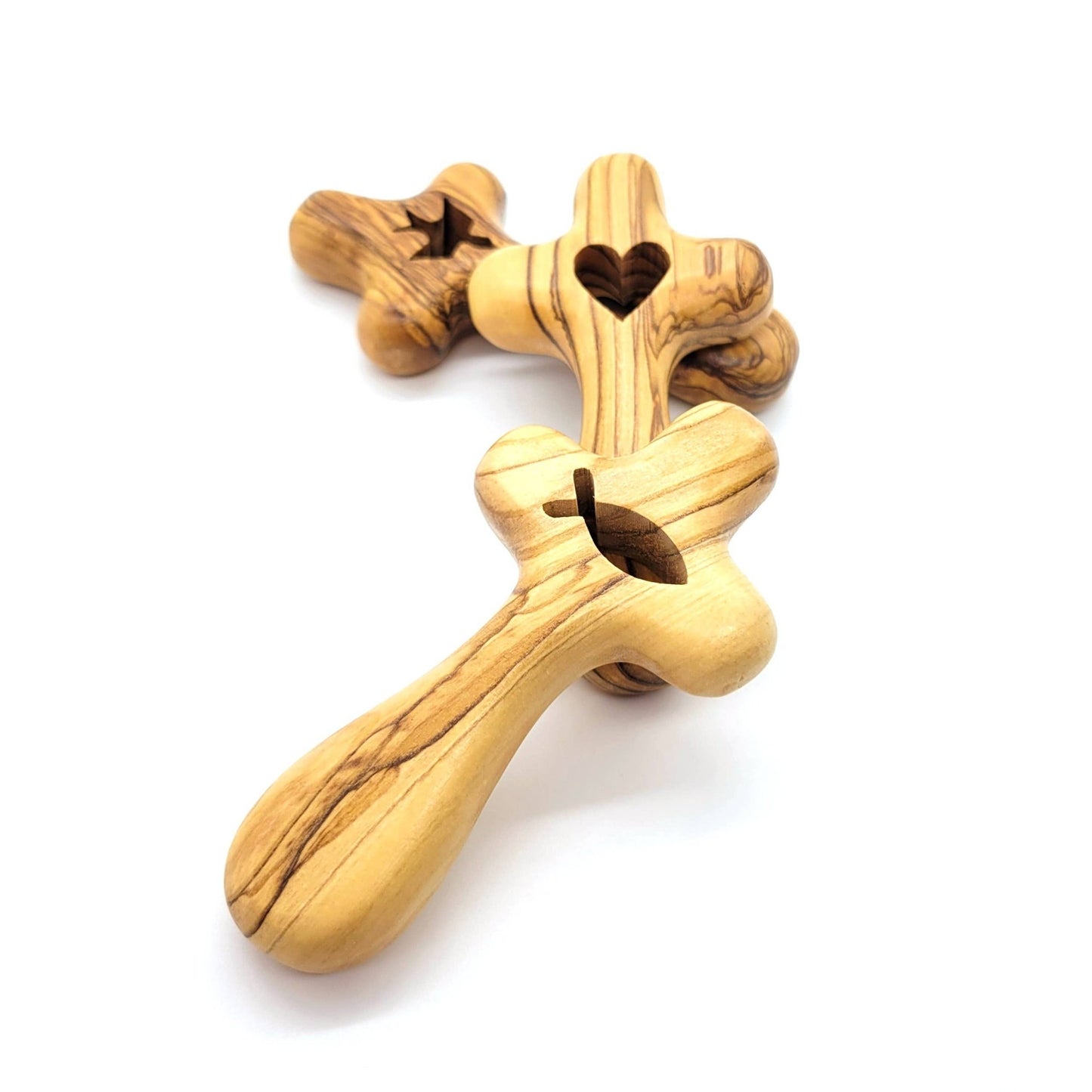 Mini Olive Wood Comfort Holding Cross - Fish - Recetas Fair Trade
