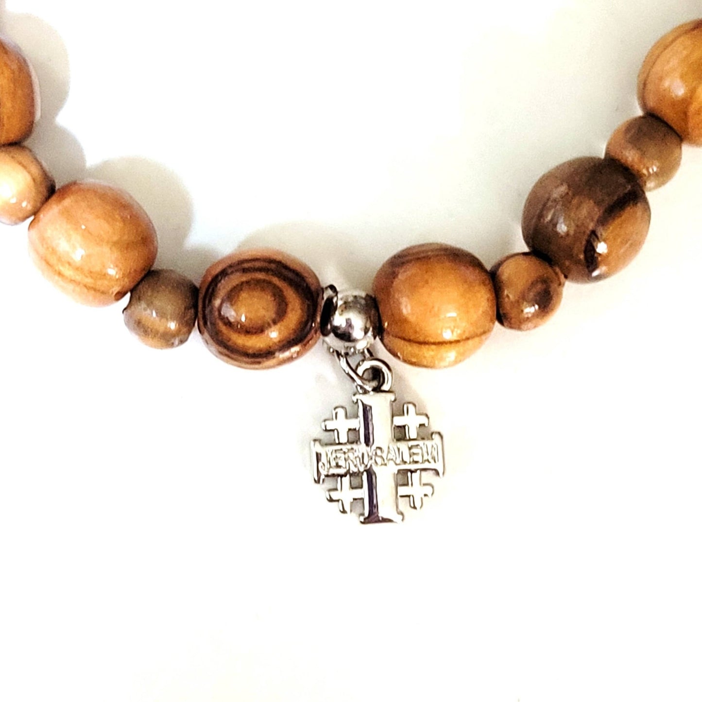 Olive Wood Bead Bracelet with Jerusalem Cross - Recetas Fair Trade