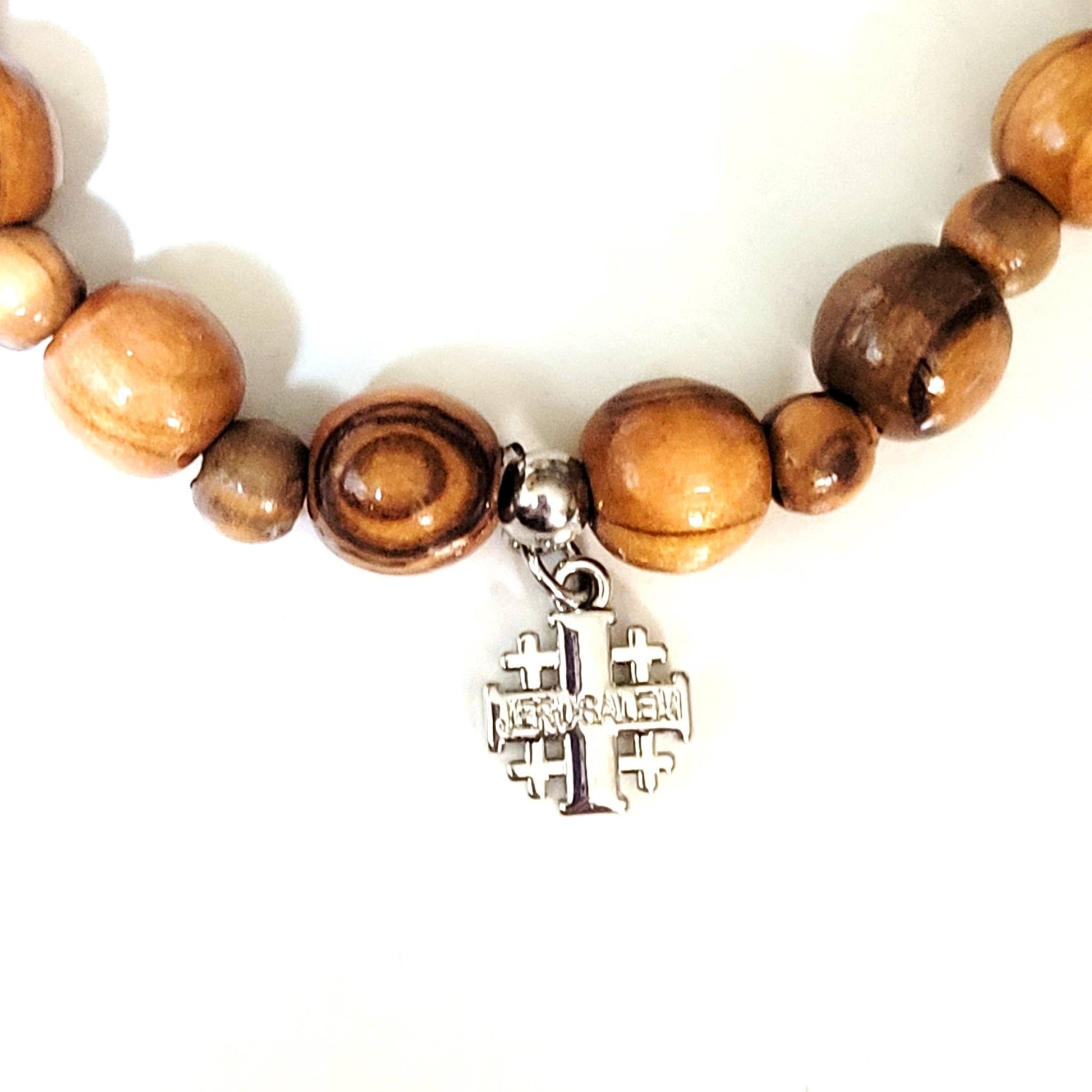 Olive Wood Bead Bracelet with Jerusalem Cross - Recetas Fair Trade