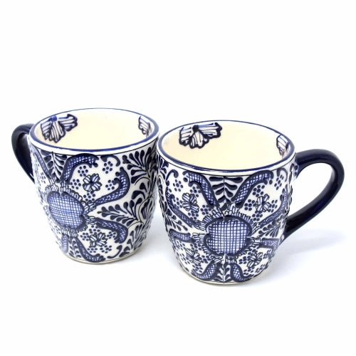 Rounded Mugs - Blue Flowers Pattern, Set of Two - Encantada - Recetas Fair Trade