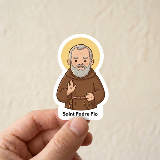 Saint Padre Pio hand-held sticker mockup