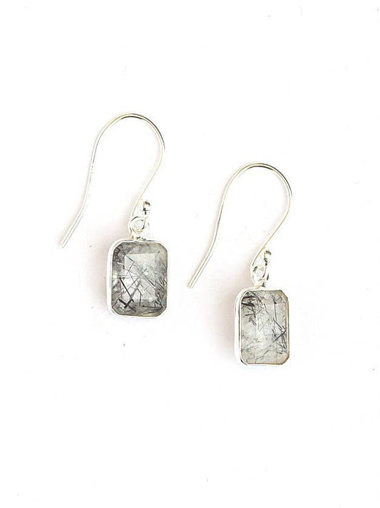 Stone Window Sterling Earrings - Black Rutile - Recetas Fair Trade