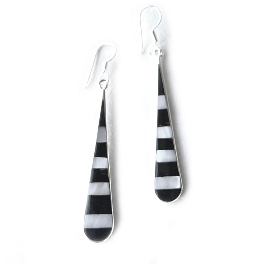 Taxco Silver Black Onyz & Abalone Zebra Long Teardrop Earrings - Recetas Fair Trade