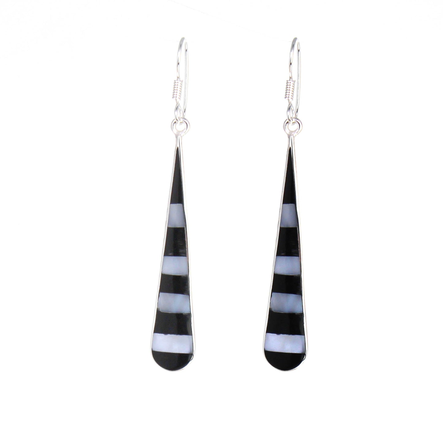 Taxco Silver Black Onyz & Abalone Zebra Long Teardrop Earrings - Recetas Fair Trade