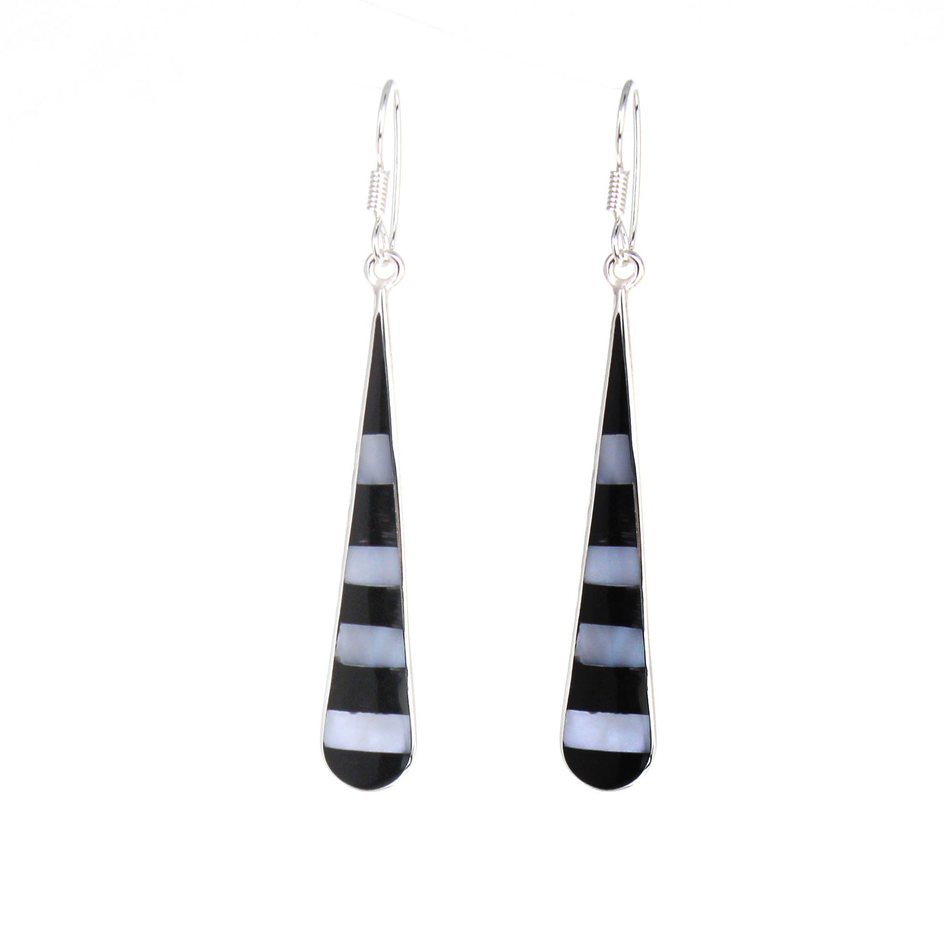 Taxco Silver Black Onyz & Abalone Zebra Long Teardrop Earrings - Recetas Fair Trade