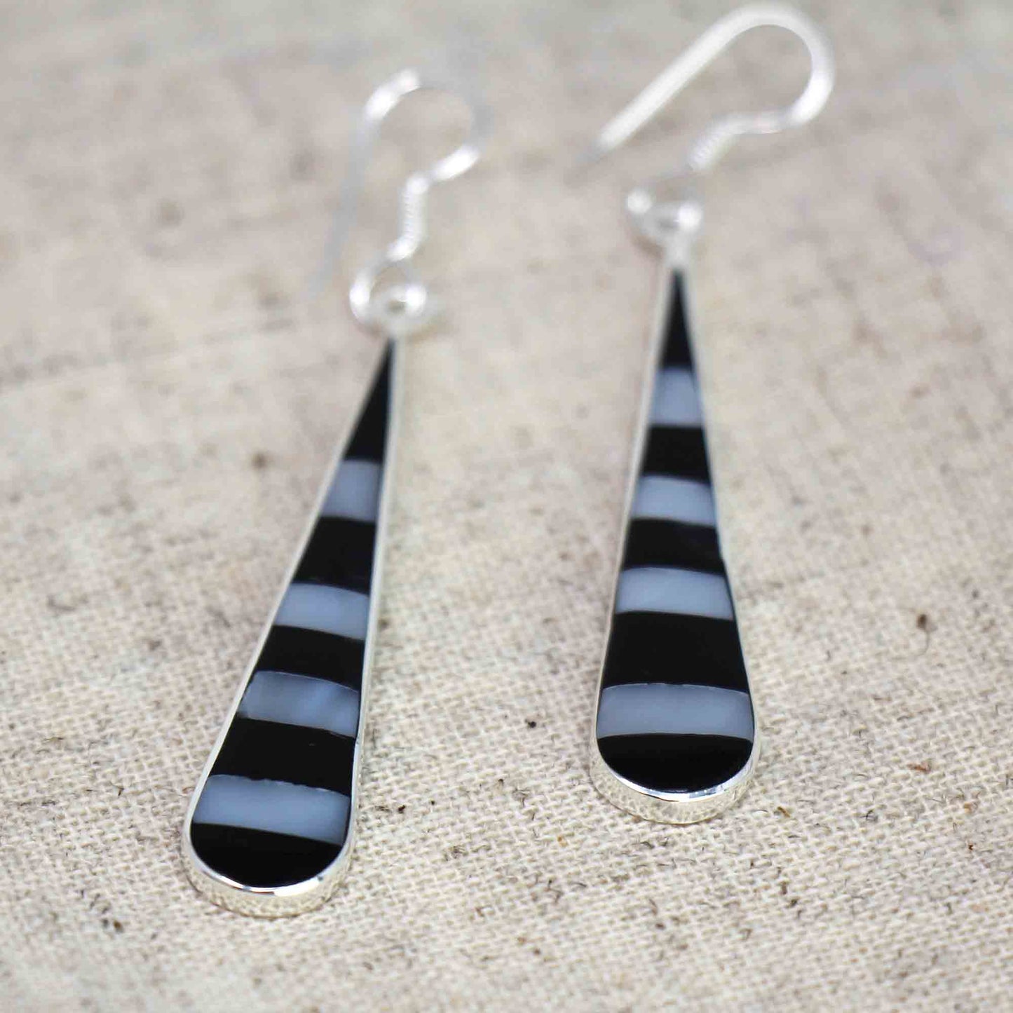 Taxco Silver Black Onyz & Abalone Zebra Long Teardrop Earrings - Recetas Fair Trade