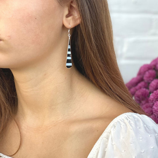 Taxco Silver Black Onyz & Abalone Zebra Long Teardrop Earrings - Recetas Fair Trade