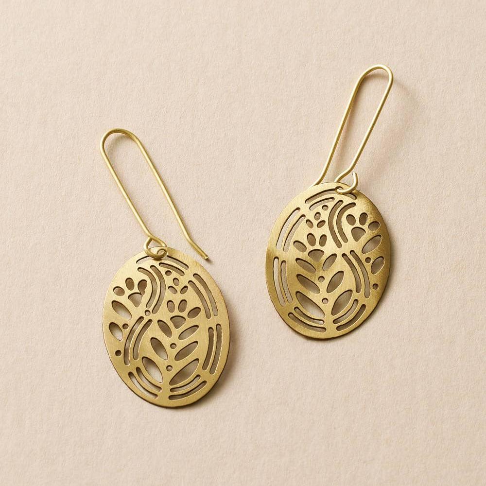 Adhya Oval Drop Hook Earrings - Gold Cutout - Recetas Fair Trade