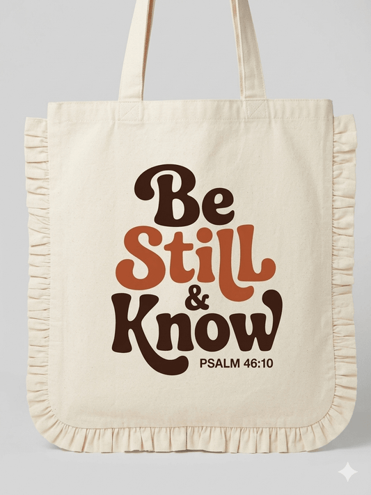 Be Still and Know Ruffle Tote Bags - Recetas Fair Trade