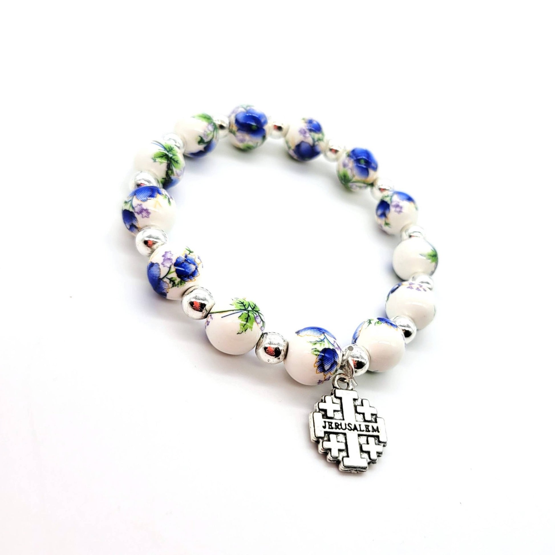 Blue Ceramic Bead Stretch Bracelet with Jerusalem Cross - Recetas Fair Trade