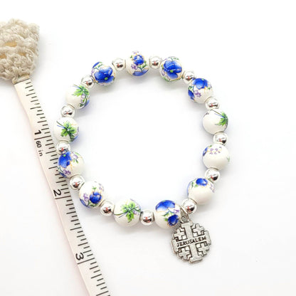 Blue Ceramic Bead Stretch Bracelet with Jerusalem Cross - Recetas Fair Trade