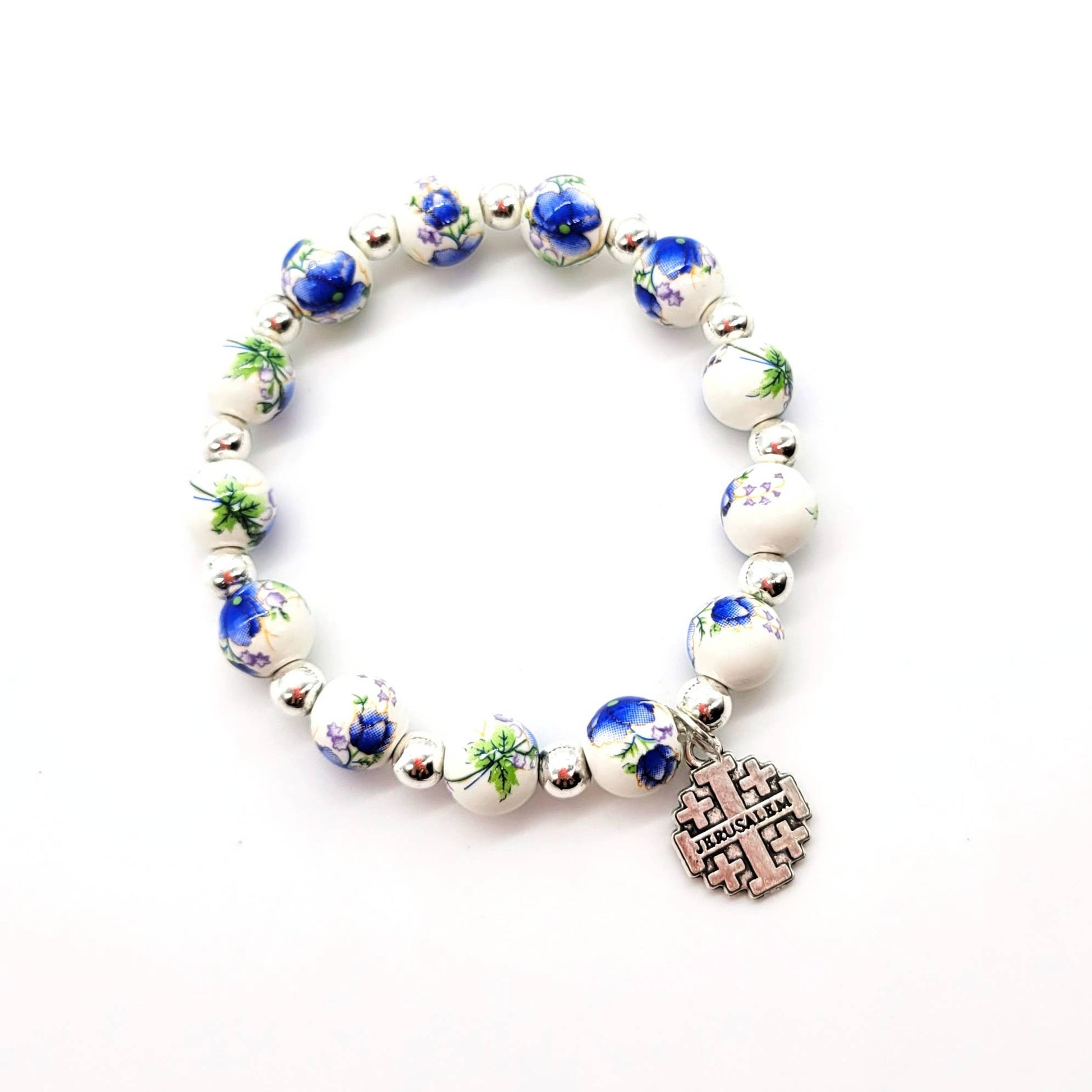Blue Ceramic Bead Stretch Bracelet with Jerusalem Cross - Recetas Fair Trade