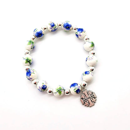 Blue Ceramic Bead Stretch Bracelet with Jerusalem Cross - Recetas Fair Trade
