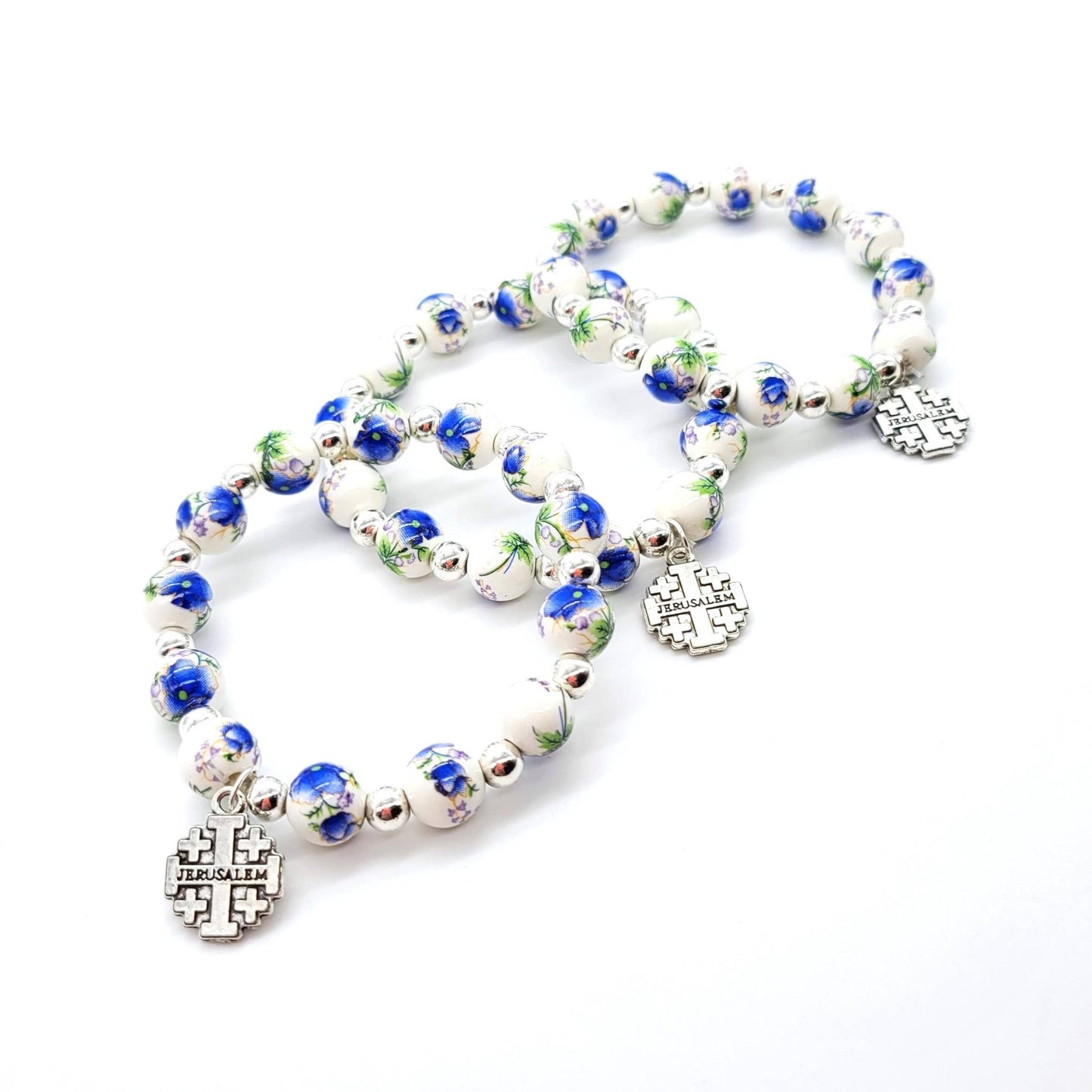 Blue Ceramic Bead Stretch Bracelet with Jerusalem Cross - Recetas Fair Trade