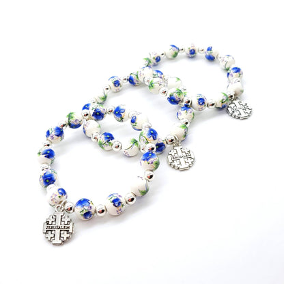Blue Ceramic Bead Stretch Bracelet with Jerusalem Cross - Recetas Fair Trade