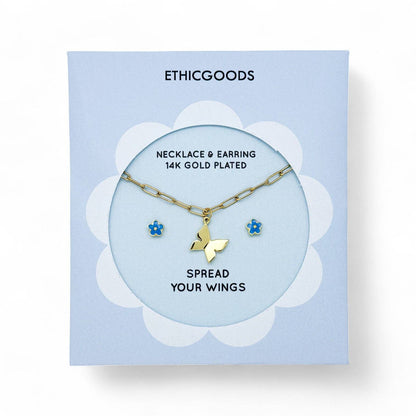 BUTTERFLY & BLUE FLOWERS | Kids Necklace & Earrings Set - Recetas Fair Trade