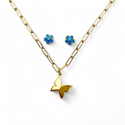 BUTTERFLY & BLUE FLOWERS | Kids Necklace & Earrings Set - Recetas Fair Trade