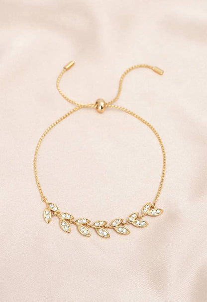Crystal Vine Zircon and Gold Bracelet - 14K Gold Plated Leaf Bracelet Adjustable - Recetas Fair Trade
