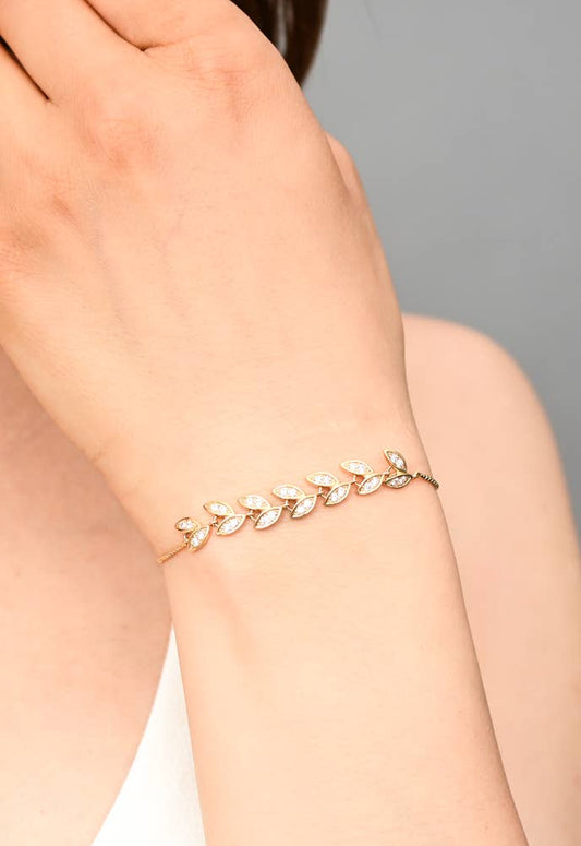 Crystal Vine Zircon and Gold Bracelet - 14K Gold Plated Leaf Bracelet Adjustable - Recetas Fair Trade