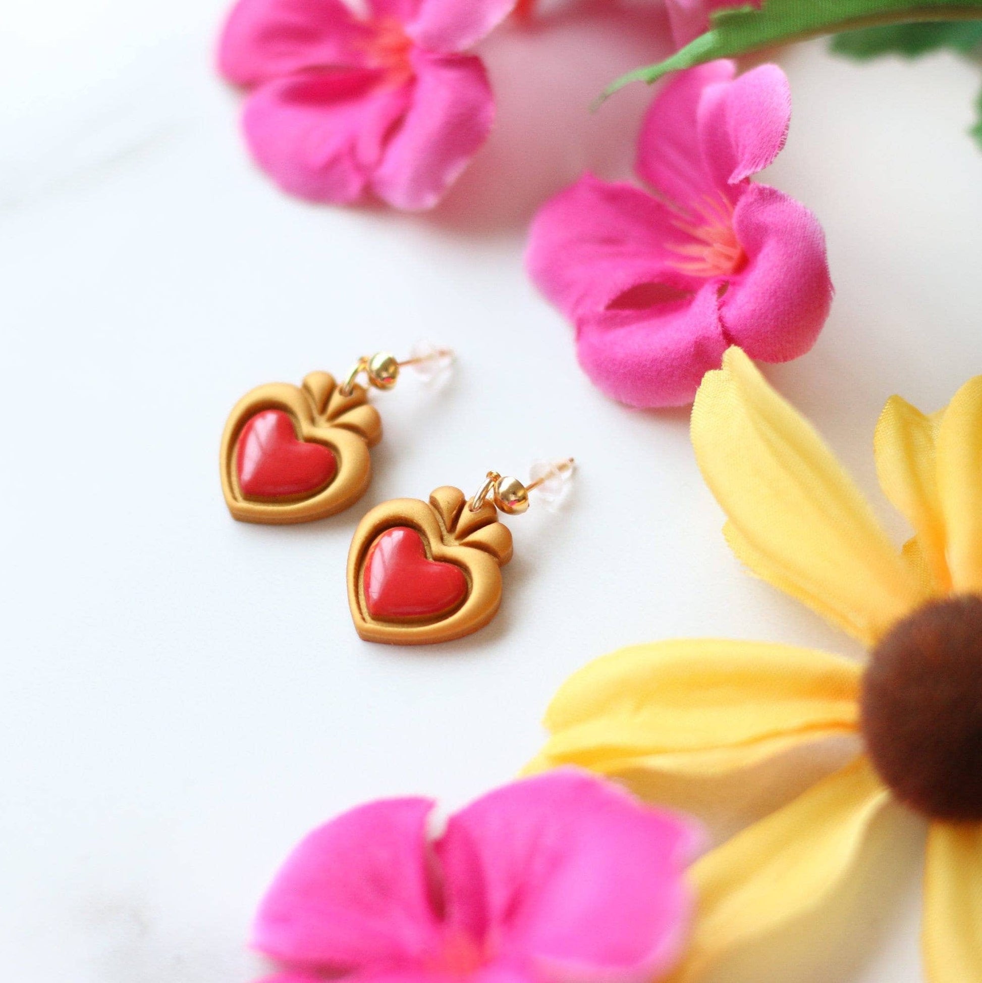 Dainty Sacred Heart Earrings, Mexican Earrings - Recetas Fair Trade