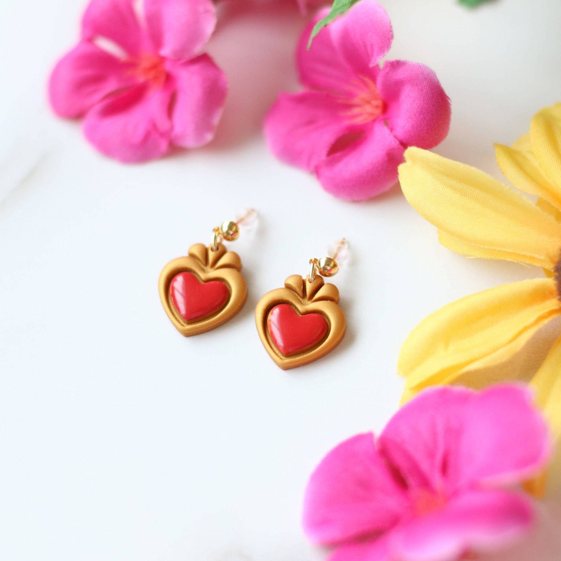 Dainty Sacred Heart Earrings, Mexican Earrings - Recetas Fair Trade