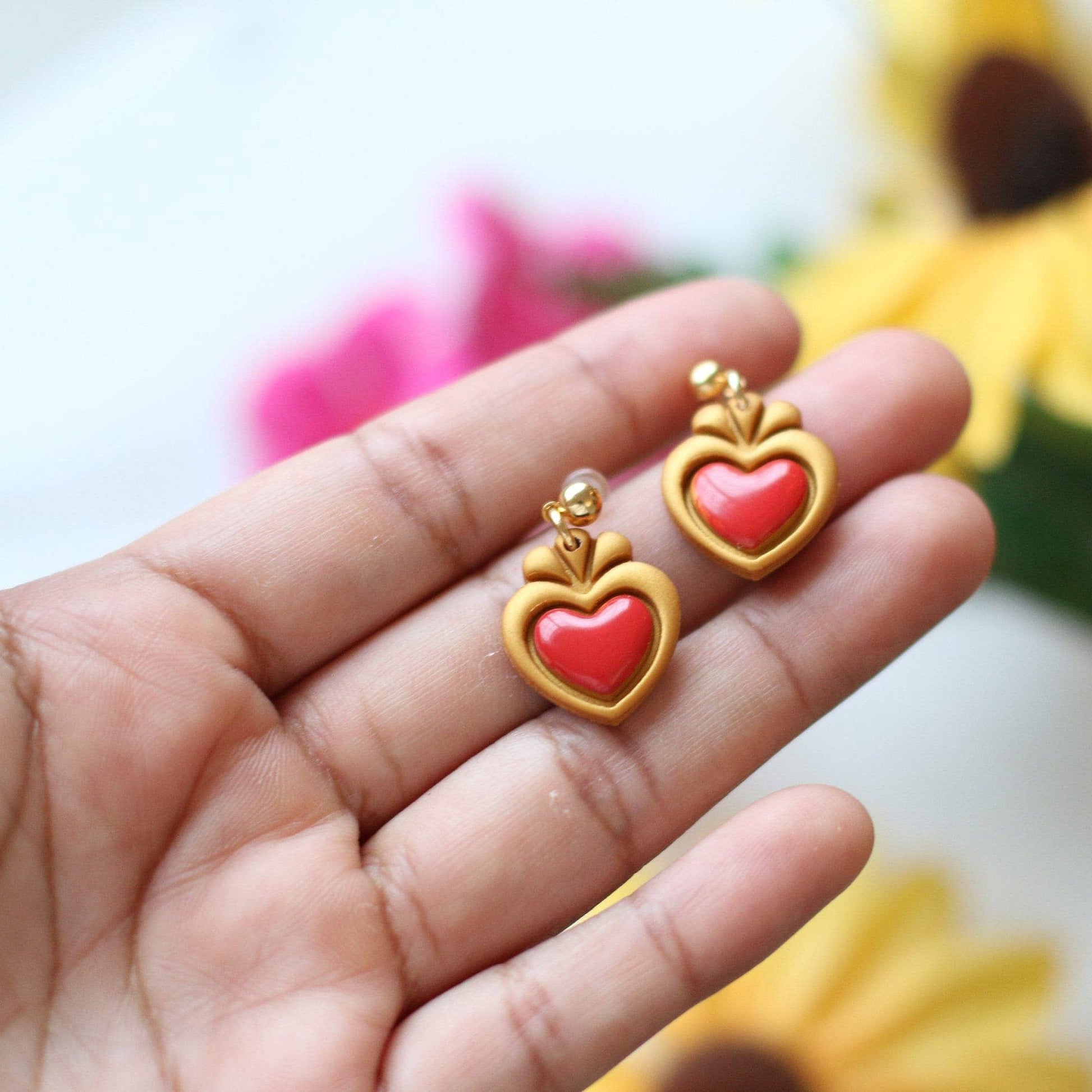 Dainty Sacred Heart Earrings, Mexican Earrings - Recetas Fair Trade