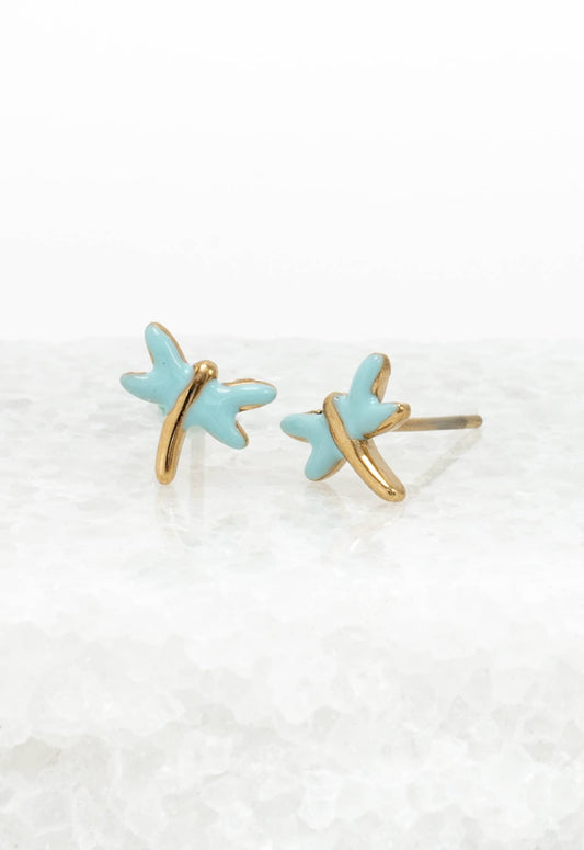 Dragonfly Studs in Mint - 14K Gold and Enamel Studs - Recetas Fair Trade