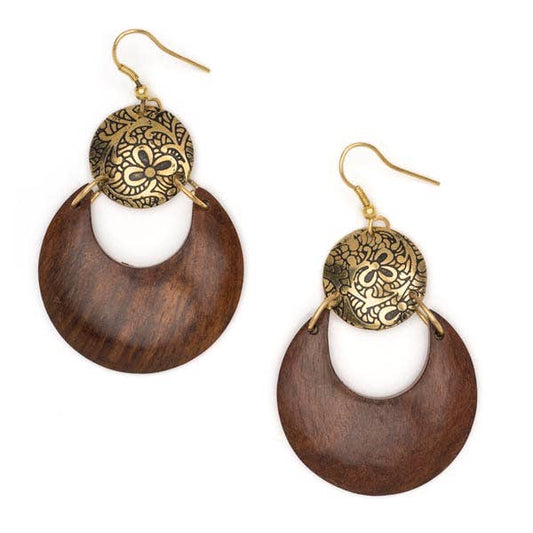 Earth and Fire Moon Drop Earrings - Wood, Etched Brass - Recetas Fair Trade