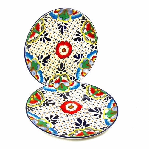 Encantada - Dinner Plates 11.8in - Dots and Flowers, Set of Two - Recetas Fair Trade