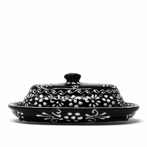 Encantada Handmade Pottery Butter Dish, Black & White - Recetas Fair Trade