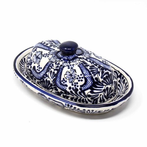 Encantada Handmade Pottery Butter Dish, Blue Flower - Recetas Fair Trade