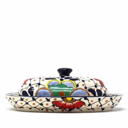 Encantada - Handmade Pottery Butter Dish, Dots & Flowers - Recetas Fair Trade