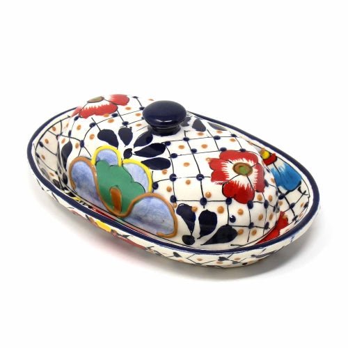 Encantada - Handmade Pottery Butter Dish, Dots & Flowers - Recetas Fair Trade